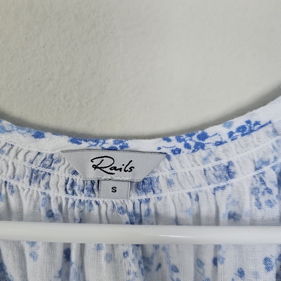 Rails Mariah Linen Blend Blouse White Blue Flowers Button Front Size S - Picture 5 of 10